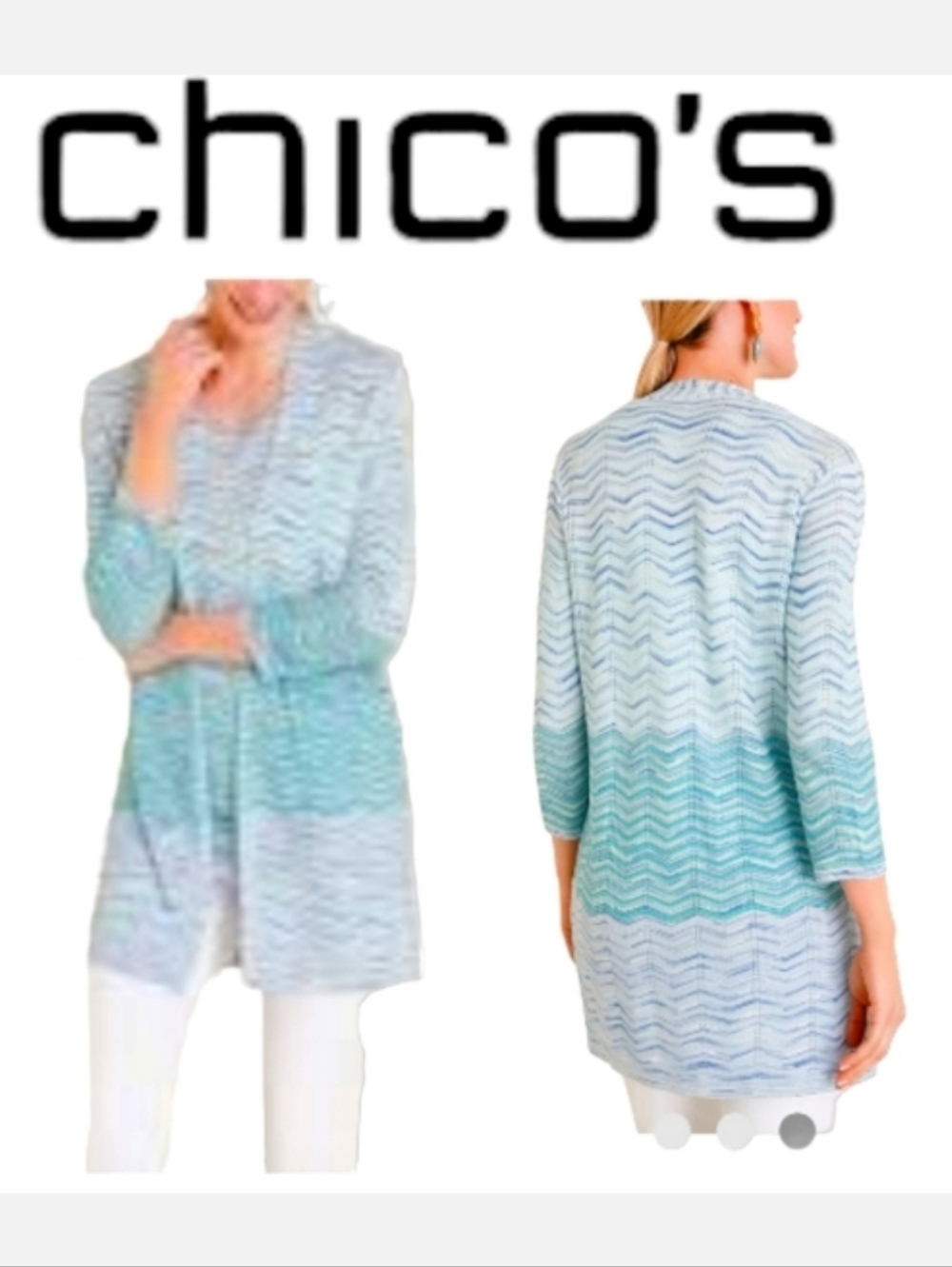 Chico's Wavy Stripe Cardigan Duster Open Front Turquoise Blue Sz 2/Lrg NWT